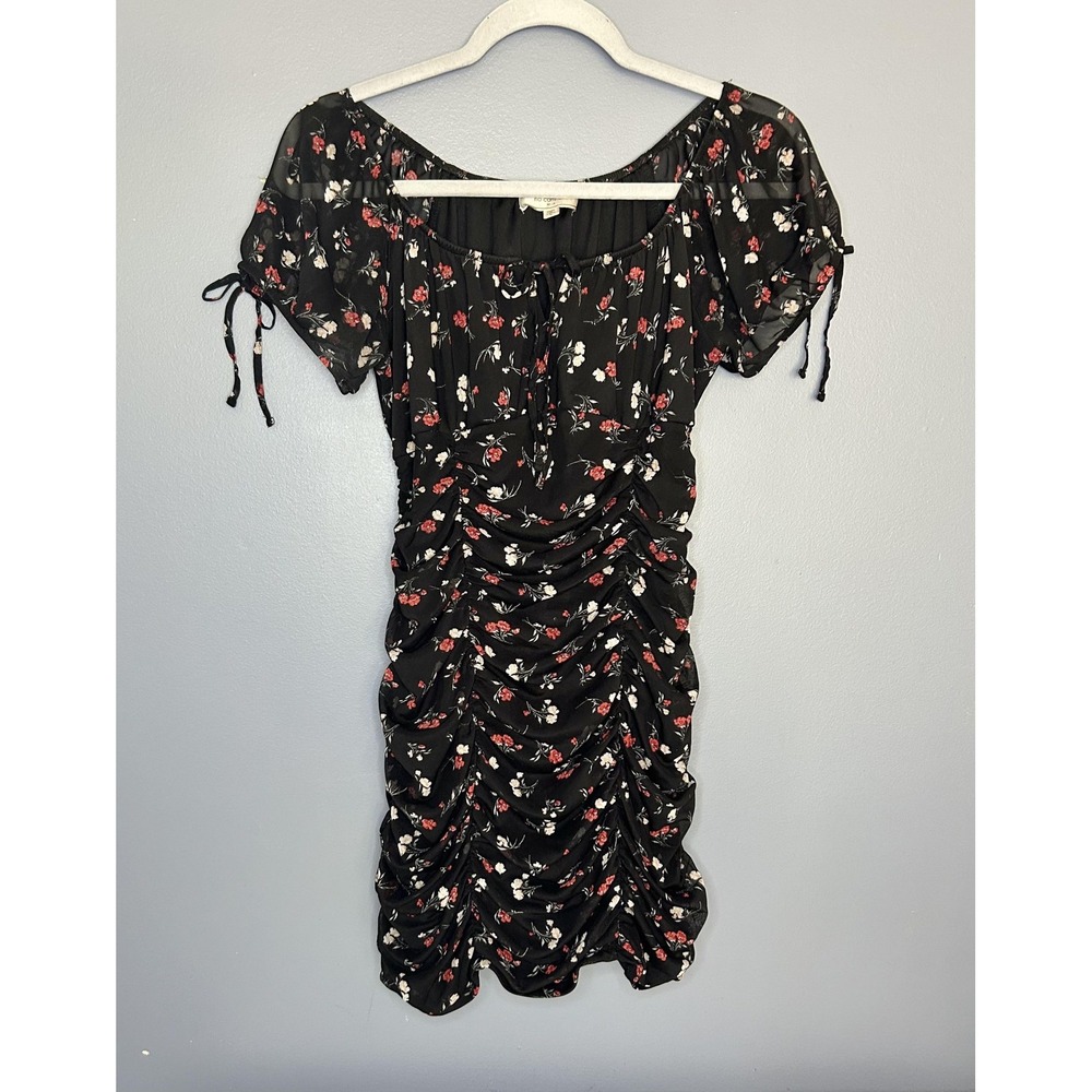 Coquette Dark Cottage Babydoll Dress M Black Floral Ruched Bodycon Puff Sleeve